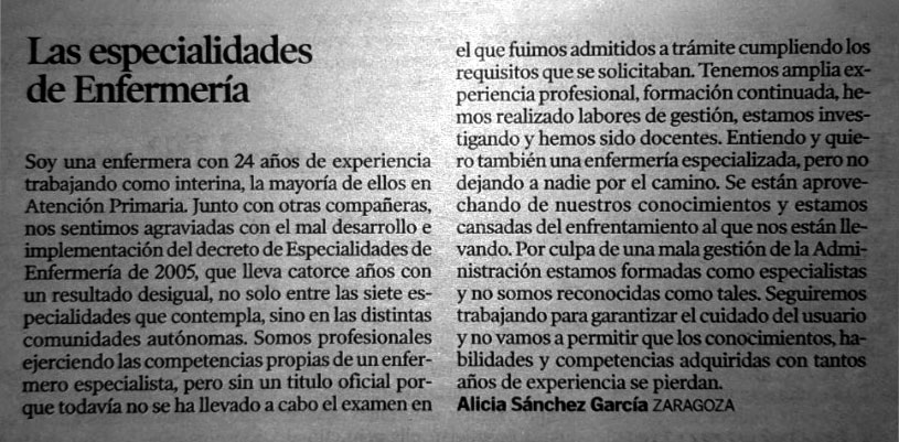 Las Especialidades de Enfermería en el Heraldo de Aragón. Artículo de Alicia Sánchez García